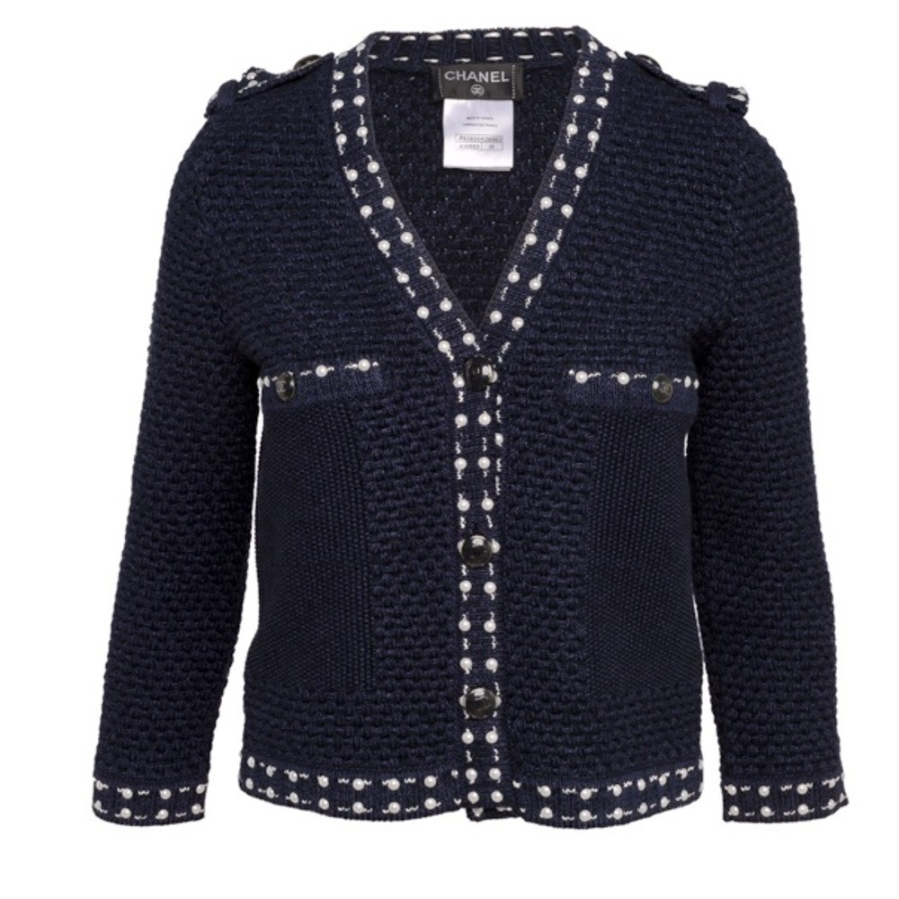 CHANEL Navy and White Cardigan Sweater